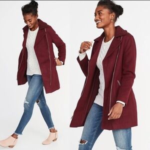 Old Navy Long Lined Brushed Fleece Burgundy Sherpa Collar Moto Jacket